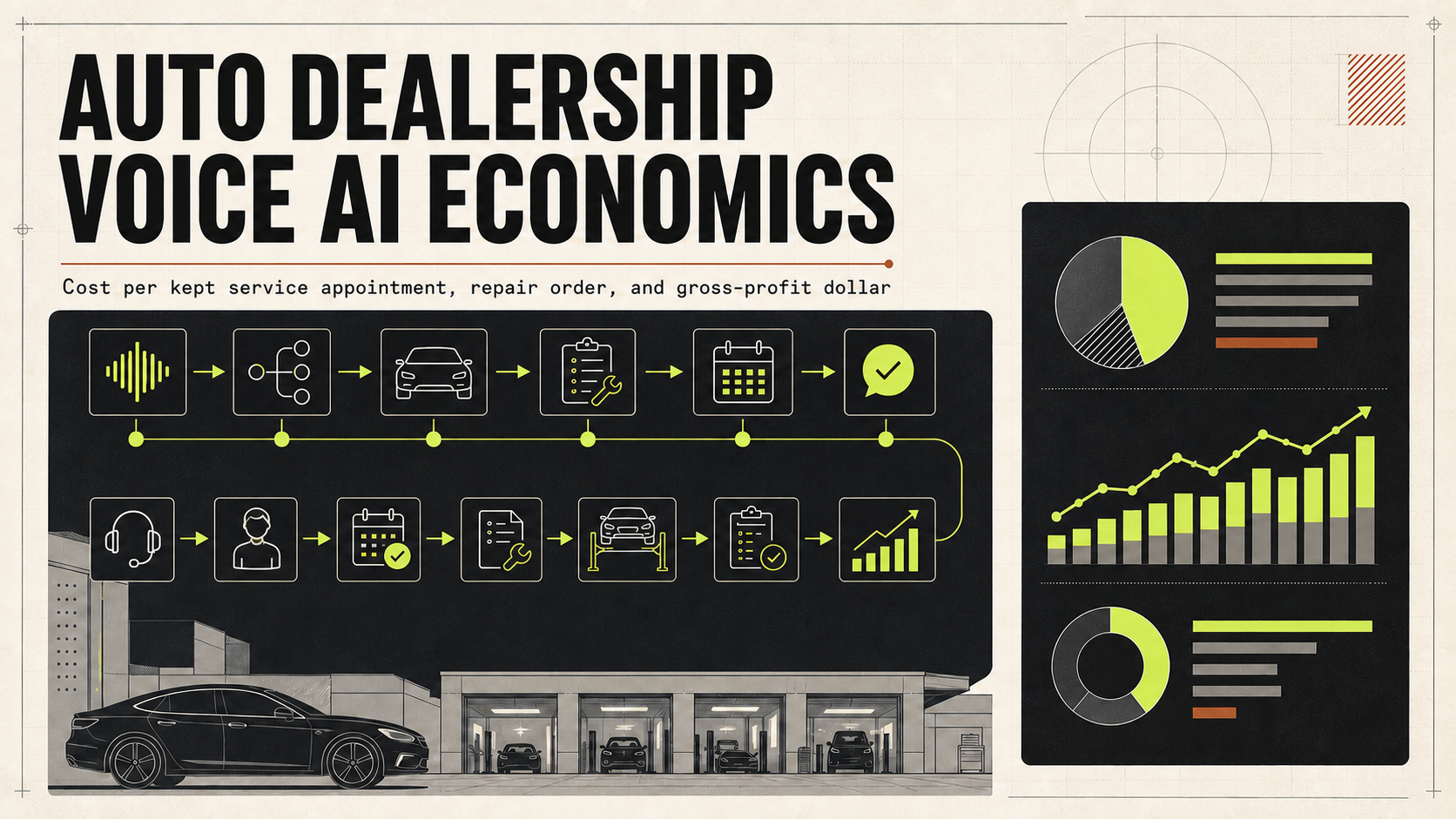 Auto dealership Voice AI funnel connecting service calls, intent routing, vehicle and service intake, DMS booking, confirmation, advisor handoff, kept appointments, repair orders, completed work, and gross-profit analysis