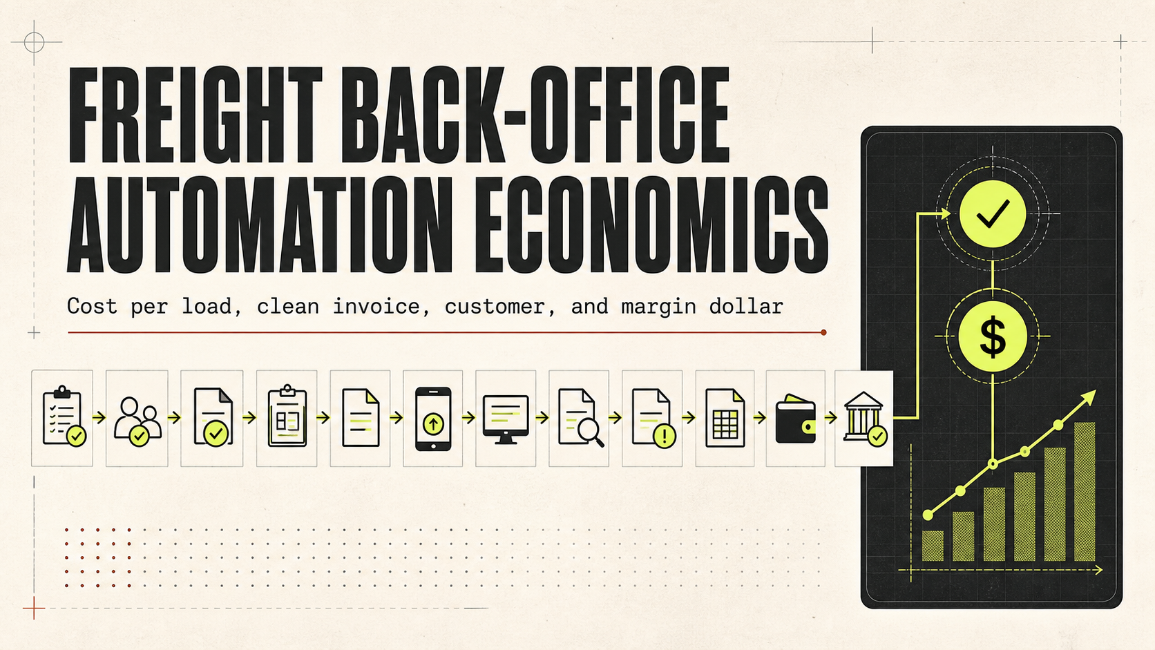 Freight back-office automation flow connecting load booking, carrier onboarding, documents, TMS updates, invoice audit, exceptions, payments, collections, and margin