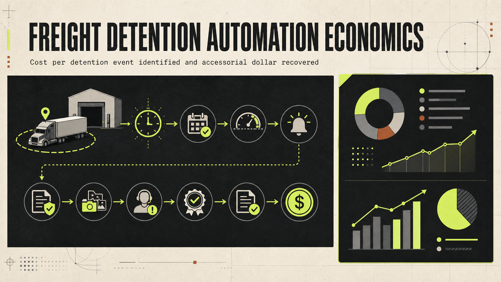 Freight detention automation workflow connecting geofence arrival, dwell clock, appointment evidence, contract rules, proof collection, review, approved accessorials, invoices, collections, and customer margin