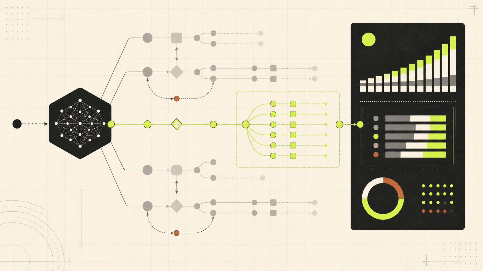 Abstract AI agent trace connecting model and MCP tool calls to cost analytics
